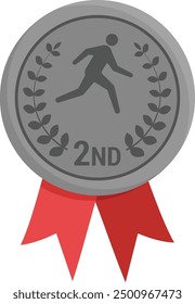 Second place silver medal with runner silhouette and olive branches. Medal with red ribbon on transparent background