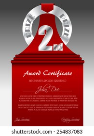 Second place silver prize award certificate with red ribbon