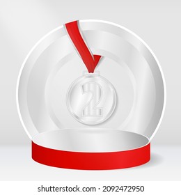 Second place winner podium with silver medal on red ribbon. Realistic 3D silver award stage background. Champion 2 place pedestal mock up. Vector illustration
