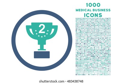Second Prize rounded vector bicolor icon with 1000 medical business icons. Set style is flat pictograms, cobalt and cyan colors, white background.