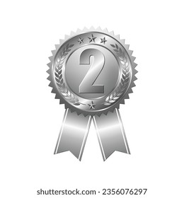 Second prize silver medal on isolated white background. Award badge with silver ribbon. Champion symbol of victory in competitive games. Vector illustration.