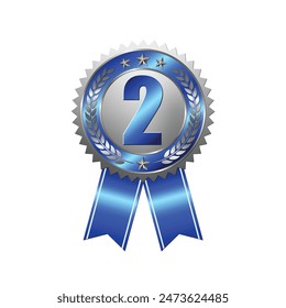 Second prize silver medal on isolated white background. Award badge with blue ribbon. Champion symbol of victory in competitive games. Vector illustration.