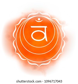 Second, sacral chakra - Swadhisthana. Illustration of one of the seven chakras. The symbol of Hinduism, Buddhism. Orange watercolor fog on background.