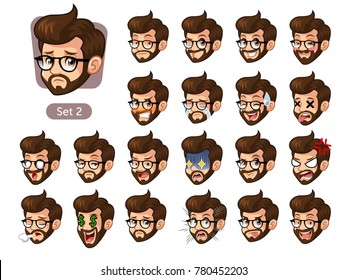 The second set of bearded hipster facial emotions cartoon character design with glasses and different expressions, sad, tired, angry, die, mercenary, disappointed, shocked, tasty, etc. vector.