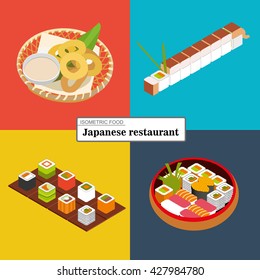 Second set of four Japanese dishes, flat isomeric illustration, sushi and rolls, isometric sushi set, fried rings of squid