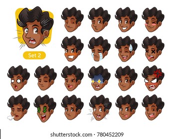 The second set of male facial emotions cartoon character design with curly hair and different expressions, sad, tired, angry, die, mercenary, disappointed, shocked, tasty, etc. vector illustration.