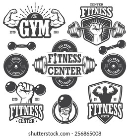 Second set of monochrome fitness emblems, labels, badges, logos and designed elements.