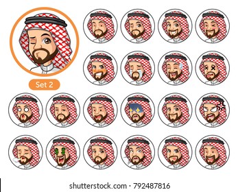 The second set of Saudi Arab man cartoon character avatars with different facial emotions and expressions, sad, tired, angry, die, mercenary, disappointed, shocked, tasty, etc. vector illustration