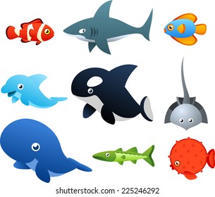 Second set of Sea Life icons, with nine different sea animals like, fish, shark, dolphin, whale vector illustration. 