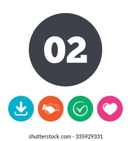 Second step sign. Loading process symbol. Step two. Download arrow, handshake, tick and heart. Flat circle buttons.