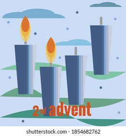 Second Sunday of Advent. Four candles, two burning candles, snow, clouds, branches of Christmas tree. Vector illustration in flat style. Countdown of Christmas, for social networks, banners.