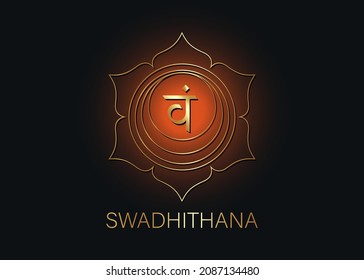 Second Swadhisthana chakra with the Hindu Sanskrit seed mantra Vam. Orange and Gold  flat design style symbol for meditation, yoga. Logo template Vector isolated TRANSLATION: hope