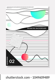 The second of the three cover templates with trendy geometric patterns, colors and memphis elements. Modern design of posters, posters, presentations and banners.