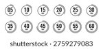Second Timer, clock, stopwatch, Countdown timer, cooking time icon set. 5, 10, 15, 20, 25, 30, 35, 40, 45, 50, 55, 60 second dial. Black color isolated set, symbol. Vector illustration