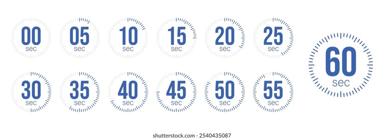 Second Timer, clock, stopwatch, Countdown timer, cooking time icon set. 0, 5, 10, 15, 20, 25, 30, 35, 40, 45, 50, 55, 60 second dial. Blue color isolated set, symbol. Vector illustration