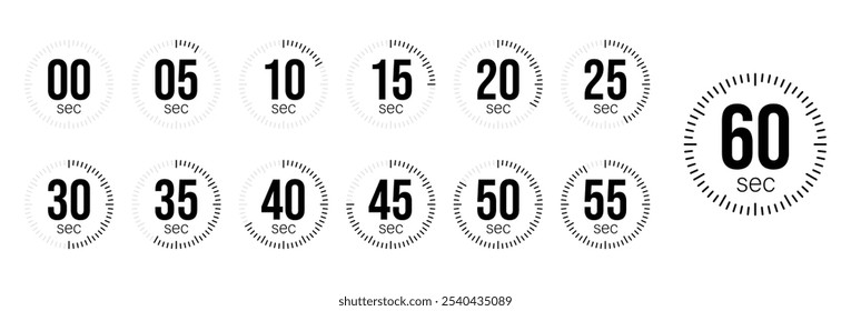 Segundo cronômetro, relógio, cronômetro, cronômetro de contagem regressiva, ícone de tempo de cozimento definido. discagem de 0, 5, 10, 15, 20, 25, 30, 35, 40, 45, 50, 55, 60 segundos. Conjunto isolado de cor preta, símbolo. Ilustração vetorial