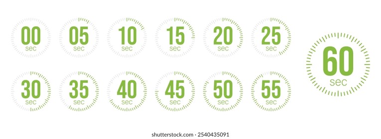 Segundo cronômetro, relógio, cronômetro, cronômetro de contagem regressiva, ícone de tempo de cozimento definido. discagem de 0, 5, 10, 15, 20, 25, 30, 35, 40, 45, 50, 55, 60 segundos. Conjunto isolado de cor verde, símbolo. Ilustração vetorial