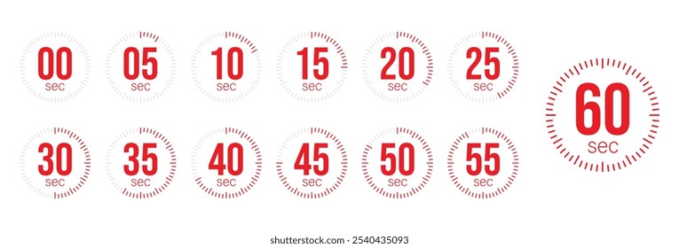 Segundo cronômetro, relógio, cronômetro, cronômetro de contagem regressiva, ícone de tempo de cozimento definido. discagem de 0, 5, 10, 15, 20, 25, 30, 35, 40, 45, 50, 55, 60 segundos. Conjunto isolado de cor vermelha, símbolo. Ilustração vetorial