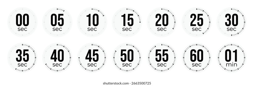 Segundo cronômetro, relógio, cronômetro, cronômetro de contagem regressiva, ícone de tempo de cozimento definido. discagem de 0, 5, 10, 15, 20, 25, 30, 35, 40, 45, 50, 55, 60 segundos. Conjunto isolado, símbolo. Ilustração vetorial