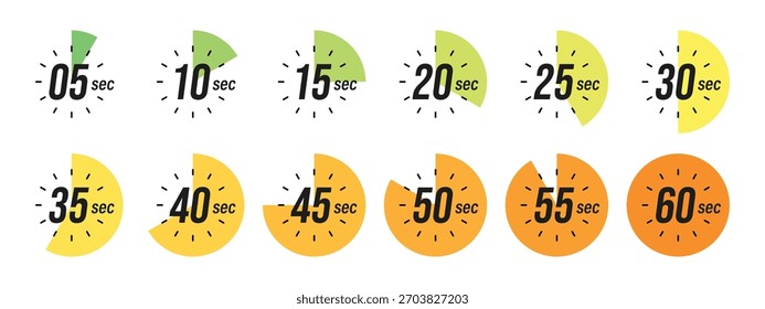 Segundo cronômetro, relógio, cronômetro, cronômetro de contagem regressiva, ícone de tempo de cozimento definido. Discagem de 5, 10, 15, 20, 25, 30, 35, 40, 45, 50, 55, 60 segundos. Conjunto isolado colorido, símbolo. Ilustração vetorial