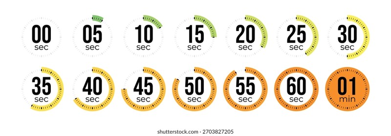 Segundo cronômetro, relógio, cronômetro, cronômetro de contagem regressiva, ícone de tempo de cozimento definido. discagem de 0, 5, 10, 15, 20, 25, 30, 35, 40, 45, 50, 55, 60 segundos. Conjunto isolado colorido, símbolo. Ilustração vetorial
