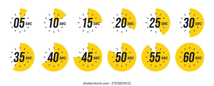 Segundo cronômetro, relógio, cronômetro, cronômetro de contagem regressiva, ícone de tempo de cozimento definido. discagem de 0, 5, 10, 15, 20, 25, 30, 35, 40, 45, 50, 55, 60 segundos. Conjunto isolado de cor amarela, símbolo. Ilustração vetorial