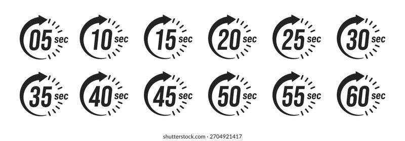 Segundo temporizador, relógio, cronômetro, cronômetro de contagem regressiva, ícone de tempo de cozimento definido. Discagem de 5, 10, 15, 20, 25, 30, 35, 40, 45, 50, 55, 60 segundos. Conjunto isolado colorido, símbolo. Ilustração vetorial