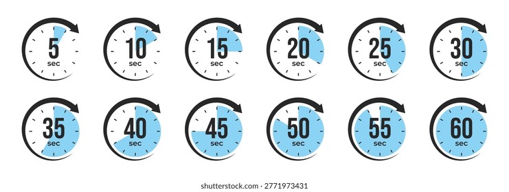 Second Timer, clock, stopwatch, Countdown timer, cooking time icon set. 5, 10, 15, 20, 25, 30, 35, 40, 45, 50, 55, 60 second dial. Time measure, Chronometer, Alarm, Kitchen timer, label, sticker, stamp. Vector illustration