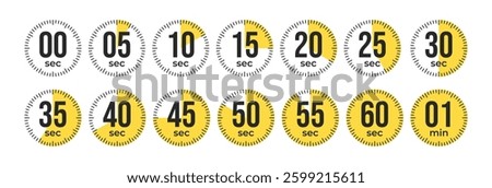 Second Timer, clock, stopwatch, Countdown timer, cooking time icon set. 0, 5, 10, 15, 20, 25, 30, 35, 40, 45, 50, 55, 60 second dial. Blue color isolated set, symbol. Vector illustration
