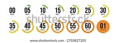 Second Timer, clock, stopwatch, Countdown timer, cooking time icon set. 0, 5, 10, 15, 20, 25, 30, 35, 40, 45, 50, 55, 60 second dial. Colorful isolated set, symbol. Vector illustration