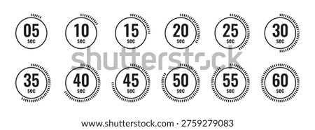 Second Timer, clock, stopwatch, Countdown timer, cooking time icon set. 5, 10, 15, 20, 25, 30, 35, 40, 45, 50, 55, 60 second dial. Black color isolated set, symbol. Vector illustration
