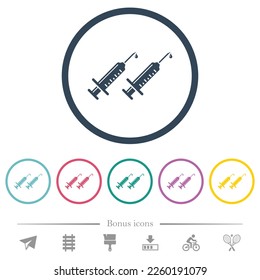 Second vaccine dose flat color icons in round outlines. 6 bonus icons included.