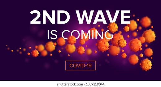 Second wave is coming - COVID-19 attack or infection spread horizontal banner design concept. 3d realistic vector illustration of a microscopic view of various viral cells