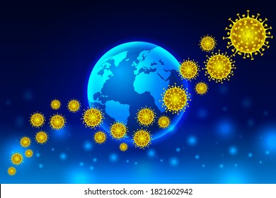 Second wave of coronavirus COVID-19 disease concept. The microbes of the virus fly in two waves. Against the background of the planet earth in space