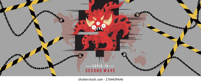 Second wave of coronavirus or Covid-19 is more hazardous concept. Design by biohazard sign lock down shield with chains, warning or caution tapes on the world map for website or printing. Vector
