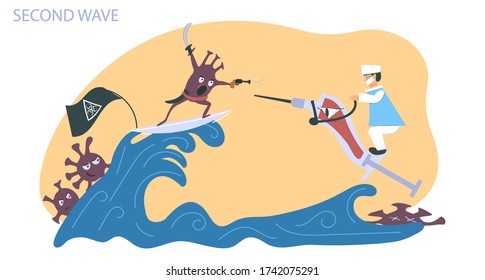 Second wave of coronavirus disease. COVID-19.Doctor riding syringe goes on attack on pirates looking like cells of coronavirus infection. Feat of doctors in battle with virus.Cartoon style. Vector.