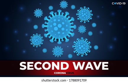 Second wave coronavirus, infection covid-19, dark blue medical banner. Covid19 second wave concept dark vector background. Pandemic coronavirus second wave background.
