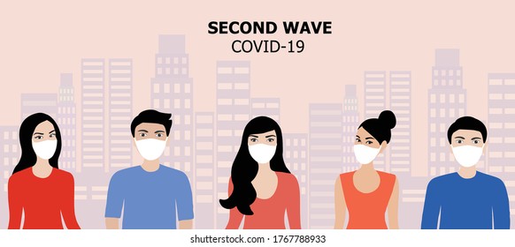 Second wave covid-19 people wearing face mask to prevent from covid-19 coronavirus vector illustration