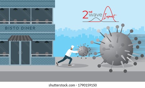 Second wave impact concept. Economic crisis of COVID-19 pandemic. Chef as business owner push the coronavirus for stop it to destroy his bistro cafe while the next bigger wave coming to clash.