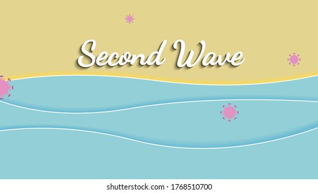 Second wave lettering and coronavirus covid-19,  isolated on pastel background vector illustration for graphic design, website or banner, paper cut