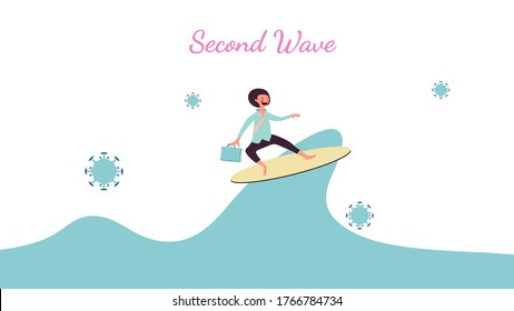Second wave outbreak concept, coronavirus covid-19 and second wave alphabet isolate on white background, businessman smiling and play surf, pink cheek character holding office bag, vector illustration