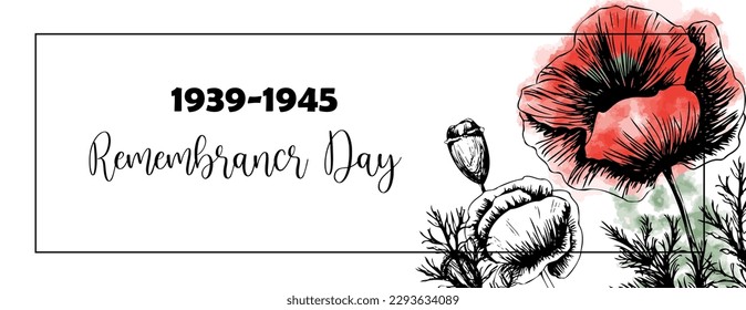 Second world war 1939-1945, victory day, memorial day poster or banner on poppy flowers background.Vector illustration of bright poppy flower. Memorial day symbol.