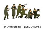 Second World war Allied soldiers unit with rifles in battle action in occupied Europe. During World War two struggle fight for freedom against enemy. Liberation of the people from the invaders. 