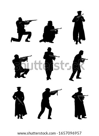 Second World war Allied soldiers unit with rifles in battle silhouette, action in occupied Europe. World War two struggle fight for freedom against enemy. Liberation of the people from the invaders. 