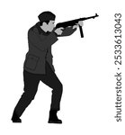 Second world war army soldier with rifle shooting on enemy vector illustration isolated. WW2 soldier with rifle aim shoot at enemy man target. Brave hero in battle. Battlefield skills tactical strike.