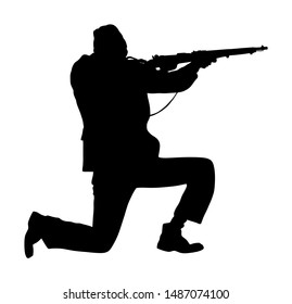 Second World War Army Soldier With Rifle Vector Silhouette. American Soldier Fighter Against Germany In WW2. Fierce Struggle In Occupied Europe. Soviet Troops Against Aggressors In Battle.