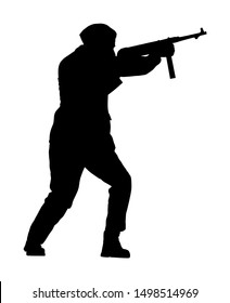 Second World War Army Soldier With Rifle Vector Silhouette. American Soldier Fighter Against Germany In WW2. Fierce Struggle In Occupied Europe. Soviet Troops Against Aggressors In Battle.