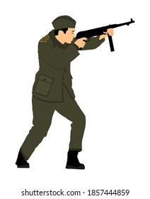 Segundo soldado del ejército de guerra mundial con ilustración portadora de rifle. Soldado de la Segunda Guerra Mundial apuntando con rifle y disparando al enemigo.