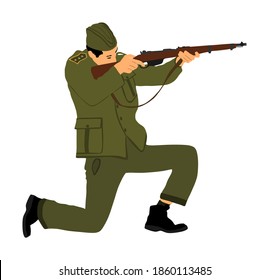 Segundo soldado del ejército de guerra mundial con ilustración portadora de rifle. Soldado de la Segunda Guerra Mundial apuntando con rifle y disparando al enemigo.