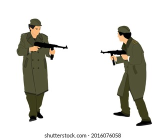 Segundo soldado del ejército mundial que se opone con rifle en ilustración de vectores de batalla. Soldado de la Segunda Guerra Mundial disparando al enemigo durante el combate. Situación de guerra temible, hombre valiente defiende a su país.